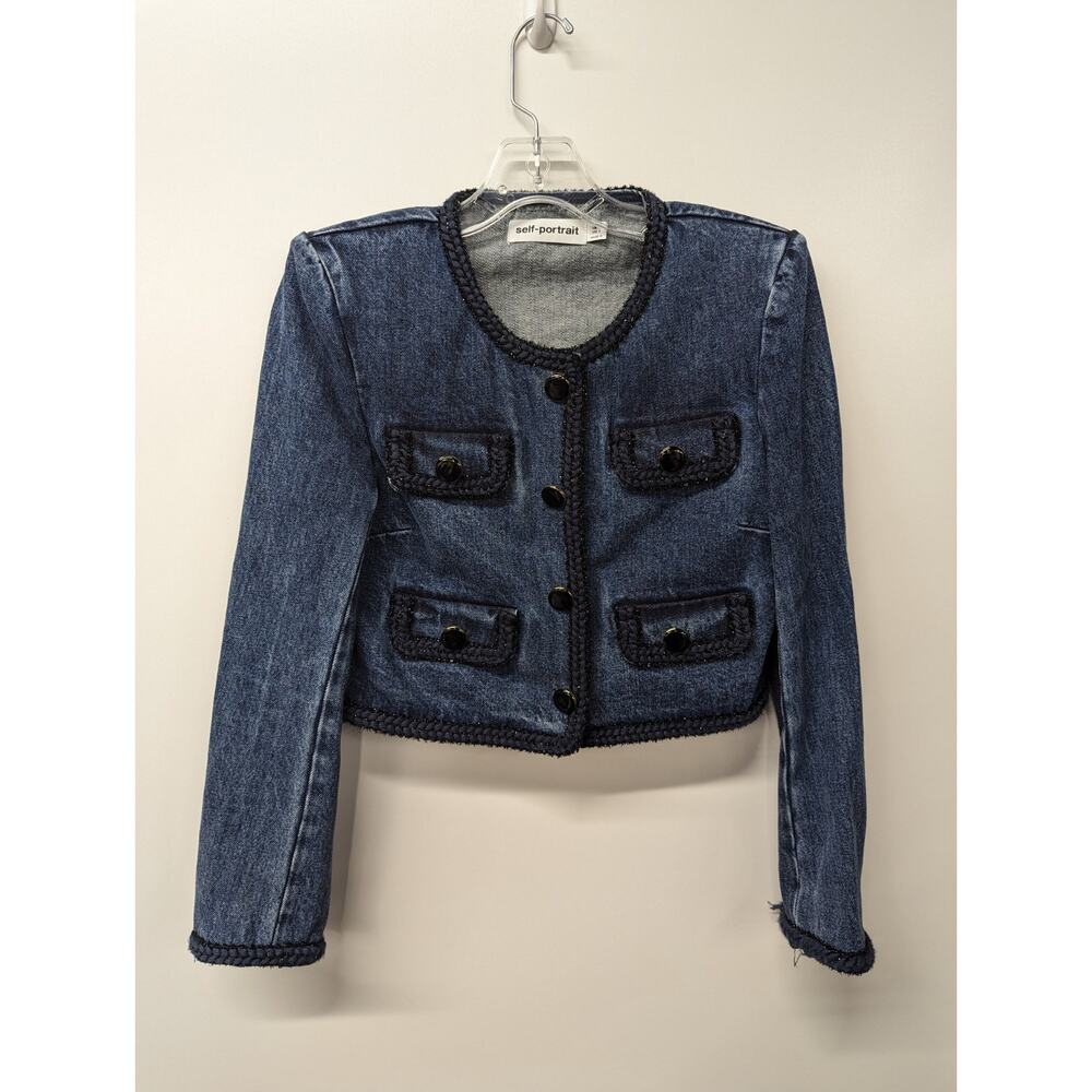 Self-Portrait Women's Braid-Trim Denim Jacket Cropped Boxy Blue Size US 4